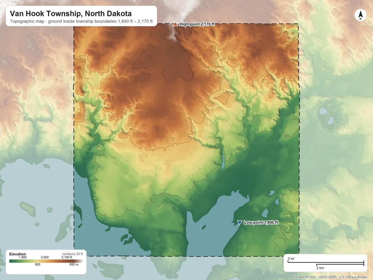 Topographic elevation map of Van Hook Township, North Dakota, shaded from 1,840 ft on the southeast side to 2,170 ft on the northeast side