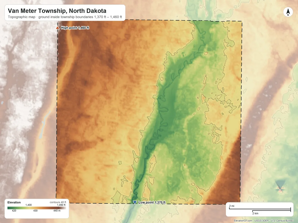 Topographic elevation map of Van Meter Township, North Dakota, shaded from 1,370 ft on the south side to 1,460 ft on the northwest side
