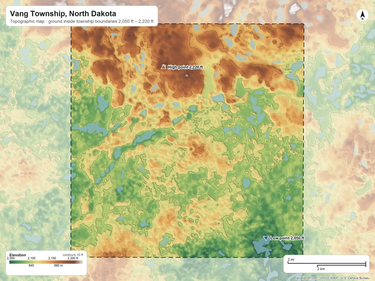 Topographic elevation map of Vang Township, North Dakota, shaded from 2,050 ft on the southeast side to 2,220 ft on the north side