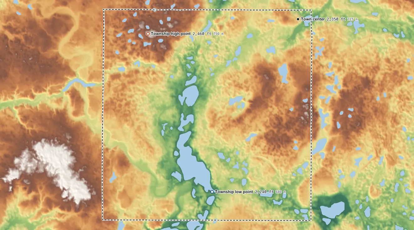 Topographic elevation map of Vanville Township, North Dakota, shaded from 2,240 ft on the southwest side to 2,460 ft on the west side
