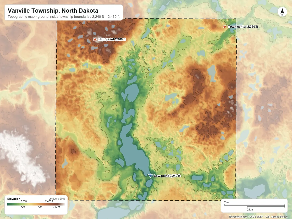 Topographic elevation map of Vanville Township, North Dakota, shaded from 2,240 ft on the southwest side to 2,460 ft on the west side