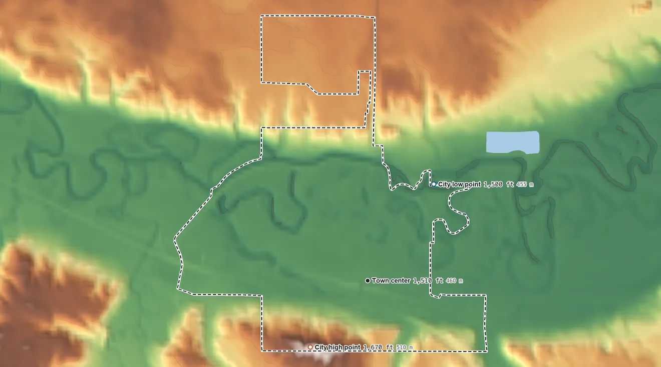 Topographic elevation map of Velva, North Dakota, shaded from 1,500 ft on the northeast side to 1,670 ft on the southwest side