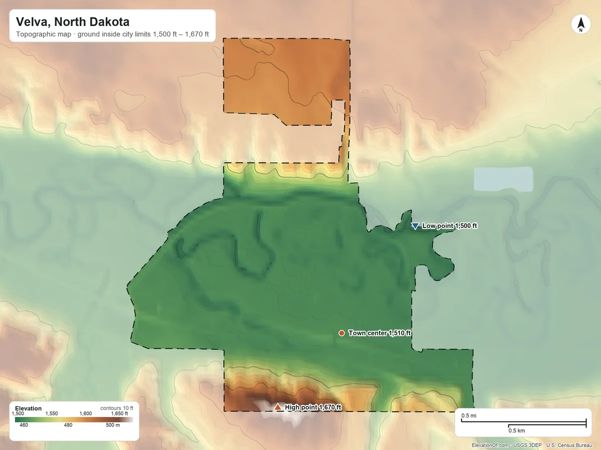 Topographic elevation map of Velva, North Dakota, shaded from 1,500 ft on the northeast side to 1,670 ft on the southwest side