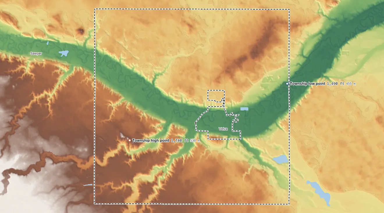 Topographic elevation map of Velva Township, North Dakota, shaded from 1,490 ft on the northeast side to 1,740 ft on the northwest side