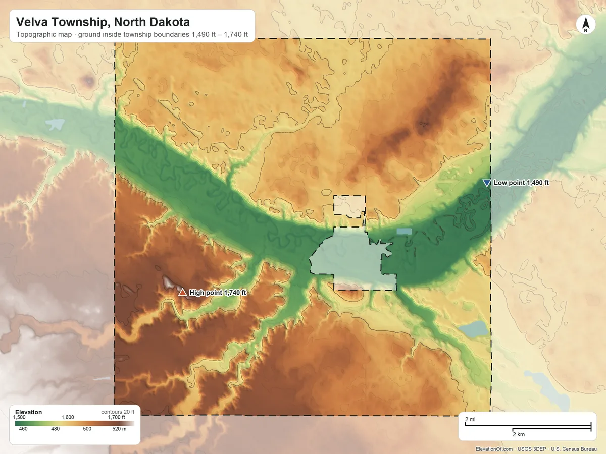 Topographic elevation map of Velva Township, North Dakota, shaded from 1,490 ft on the northeast side to 1,740 ft on the northwest side