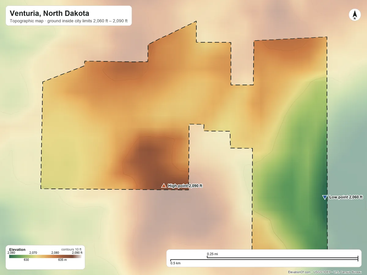Topographic elevation map of Venturia, North Dakota, shaded from 2,060 ft on the east side to 2,090 ft on the south side