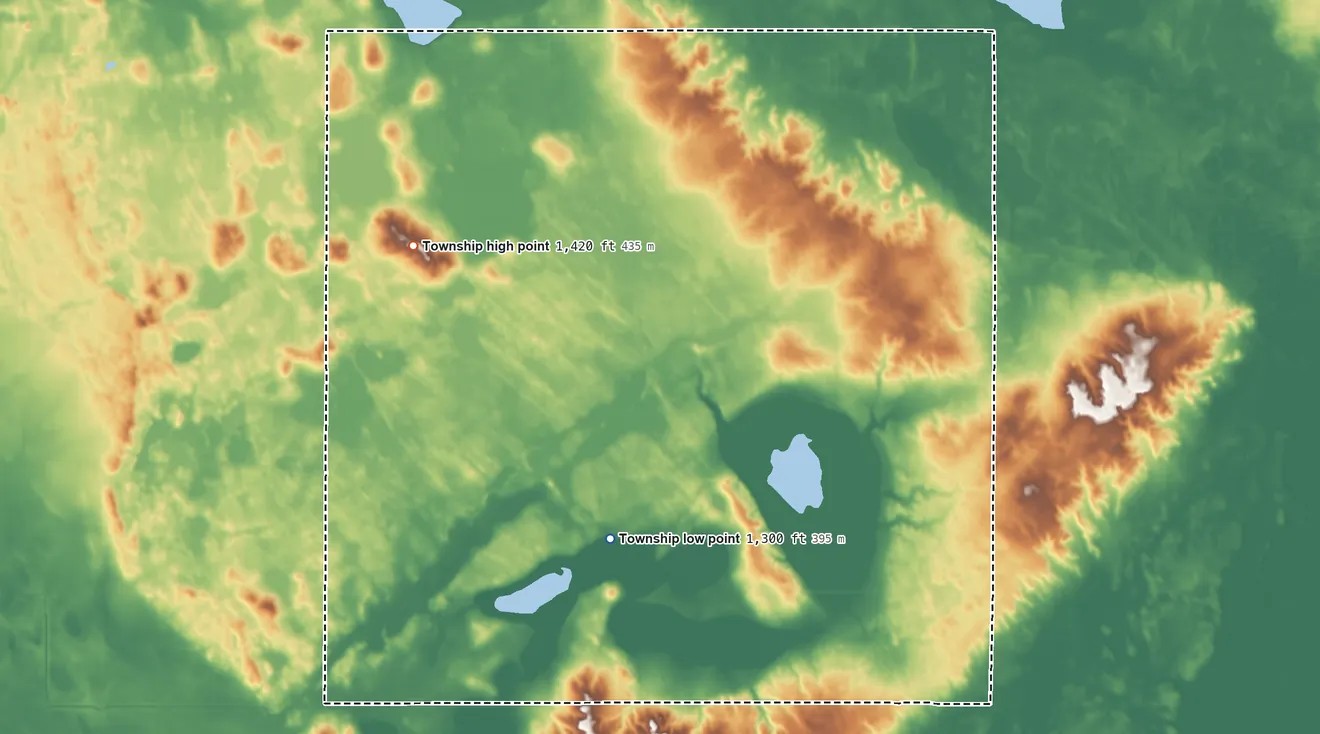 Topographic elevation map of Verner Township, North Dakota, shaded from 1,300 ft on the southeast side to 1,420 ft on the northwest side