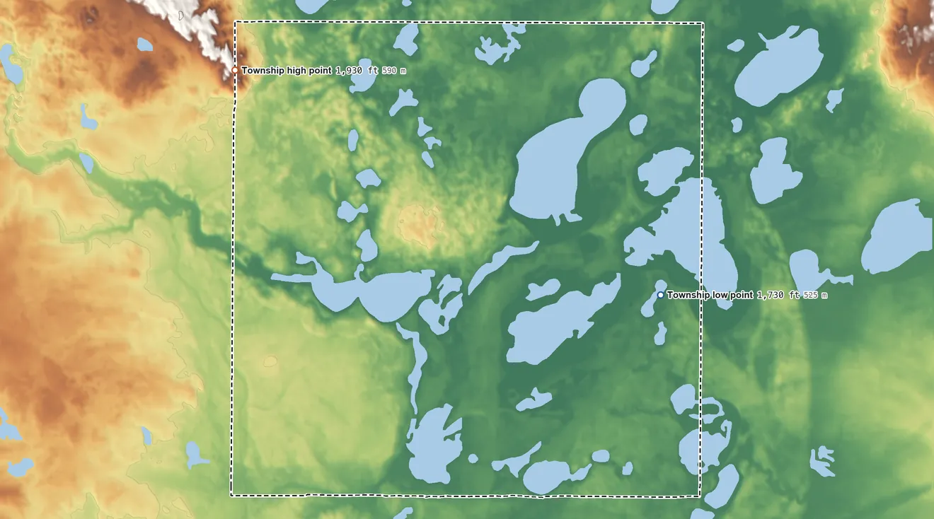 Topographic elevation map of Vernon Township, Kidder County, North Dakota, shaded from 1,730 ft on the east side to 1,930 ft on the northwest side