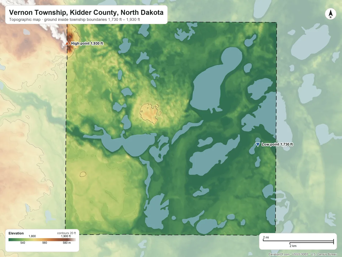 Topographic elevation map of Vernon Township, Kidder County, North Dakota, shaded from 1,730 ft on the east side to 1,930 ft on the northwest side