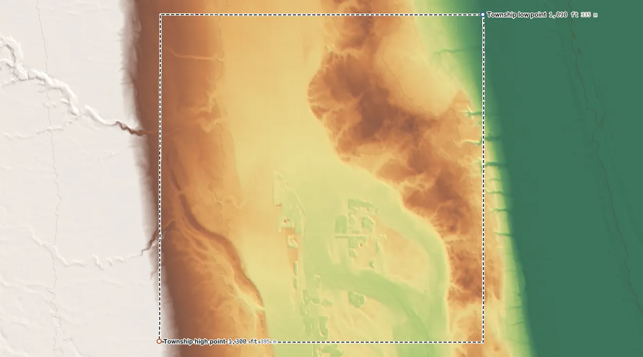 Topographic elevation map of Vernon Township, North Dakota, shaded from 1,090 ft on the northeast side to 1,300 ft on the southwest side