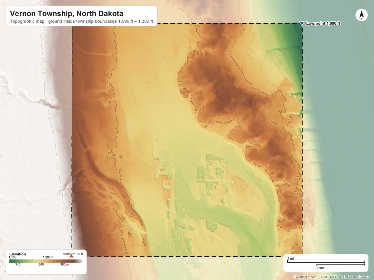 Topographic elevation map of Vernon Township, North Dakota, shaded from 1,090 ft on the northeast side to 1,300 ft on the southwest side