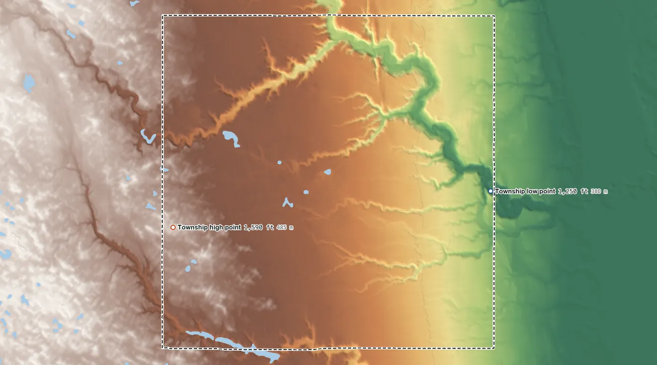 Topographic elevation map of Vesta Township, North Dakota, shaded from 1,250 ft on the east side to 1,590 ft on the southwest side