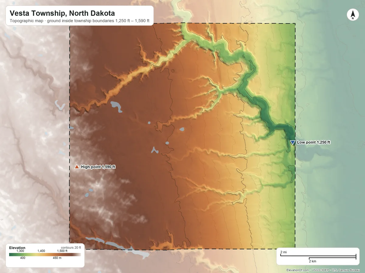 Topographic elevation map of Vesta Township, North Dakota, shaded from 1,250 ft on the east side to 1,590 ft on the southwest side