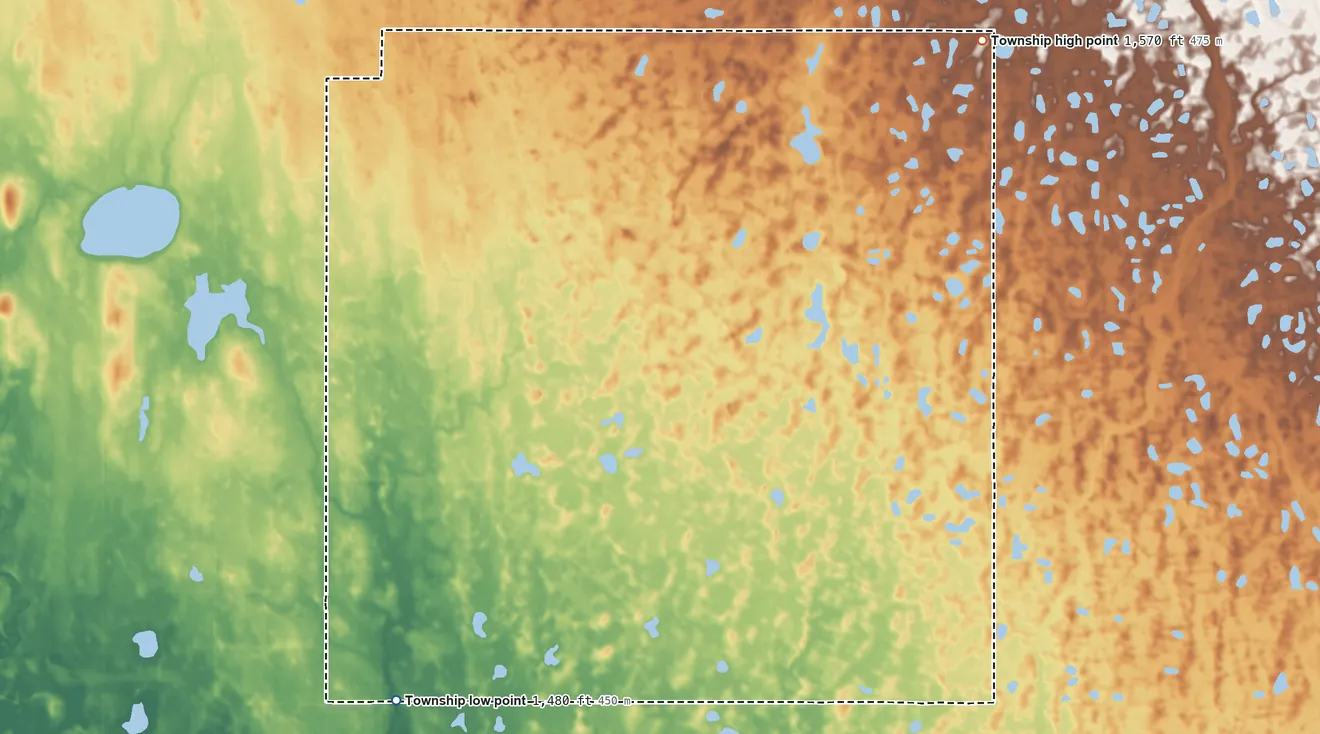 Topographic elevation map of Victor Township, North Dakota, shaded from 1,480 ft on the south side to 1,570 ft on the northeast side