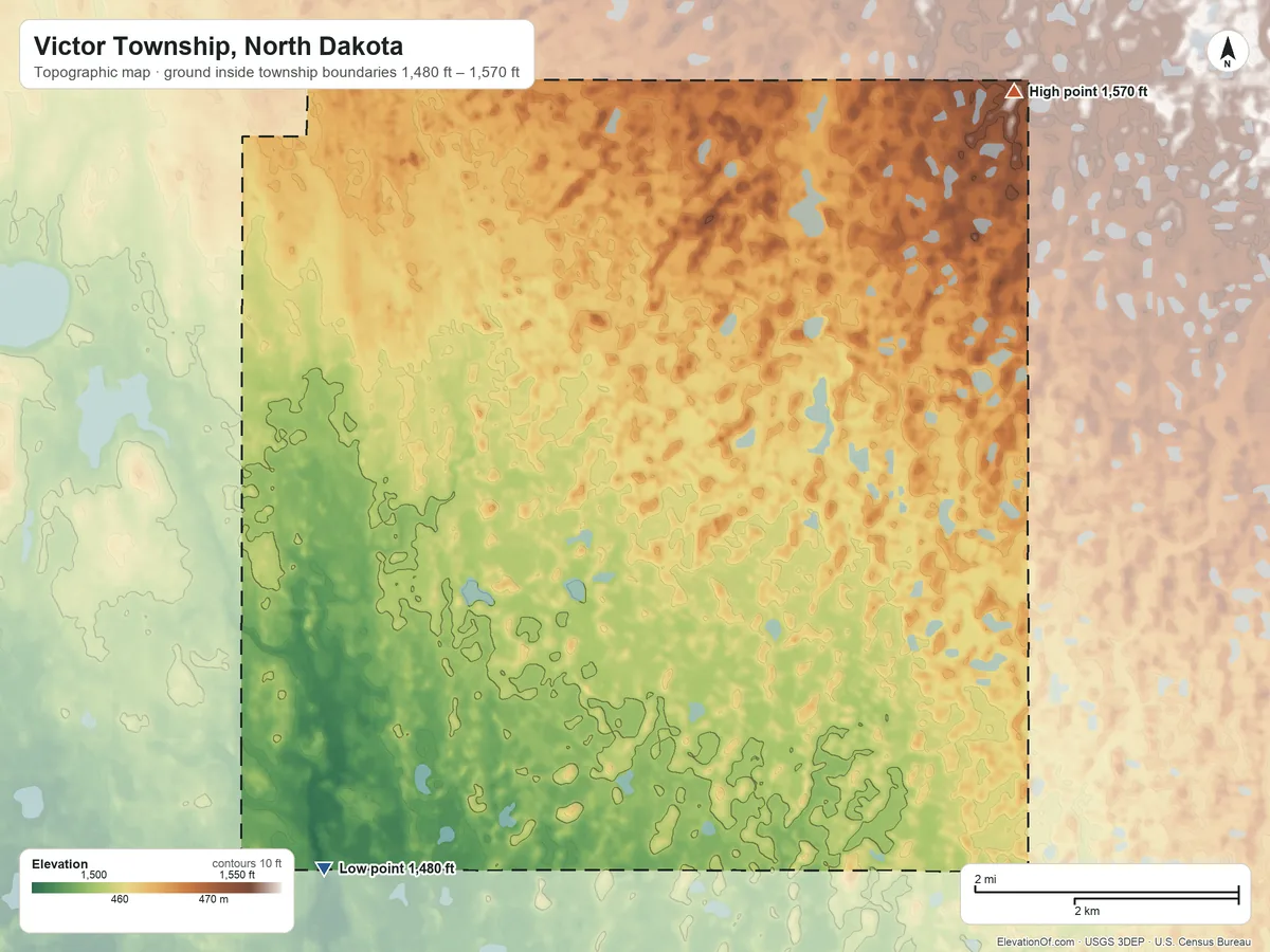 Topographic elevation map of Victor Township, North Dakota, shaded from 1,480 ft on the south side to 1,570 ft on the northeast side