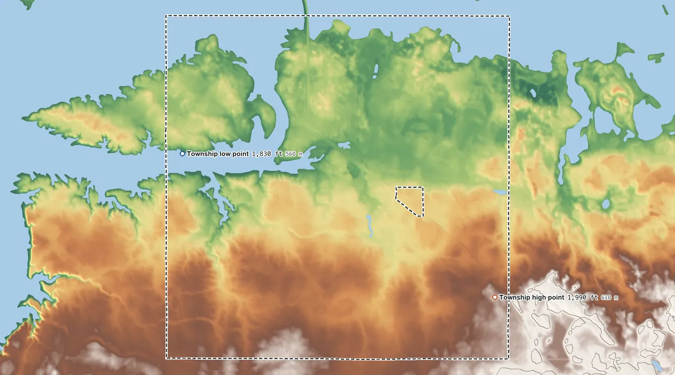 Topographic elevation map of Victoria Township, North Dakota, shaded from 1,830 ft on the west side to 1,990 ft on the southeast side