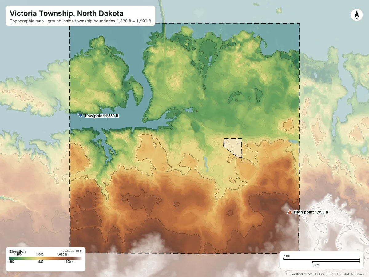 Topographic elevation map of Victoria Township, North Dakota, shaded from 1,830 ft on the west side to 1,990 ft on the southeast side