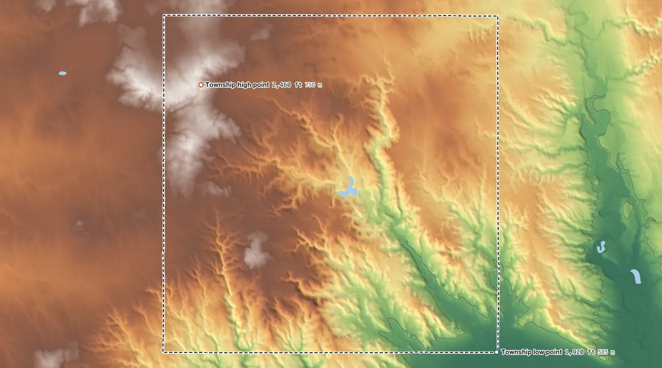 Topographic elevation map of View Township, North Dakota, shaded from 1,920 ft on the south side to 2,460 ft on the northwest side