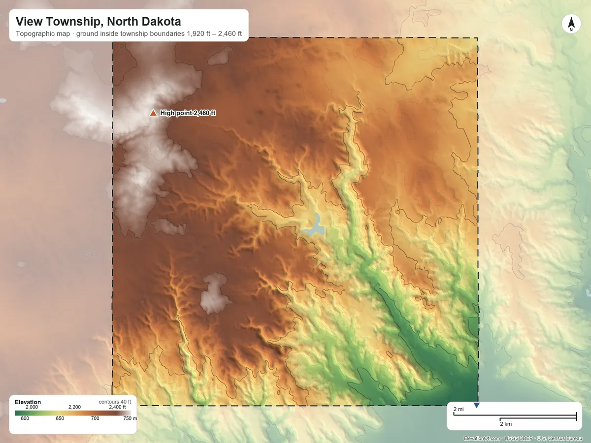 Topographic elevation map of View Township, North Dakota, shaded from 1,920 ft on the south side to 2,460 ft on the northwest side