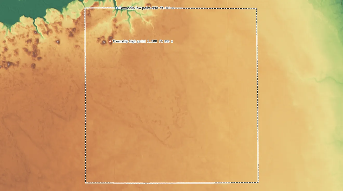 Topographic elevation map of Viking Township, Richland County, North Dakota, shaded from 990 ft on the northwest side to 1,100 ft on the northwest side