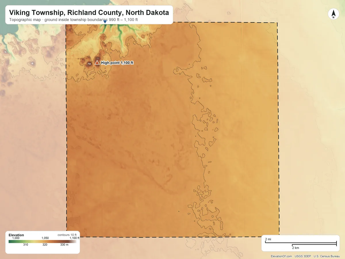 Topographic elevation map of Viking Township, Richland County, North Dakota, shaded from 990 ft on the northwest side to 1,100 ft on the northwest side