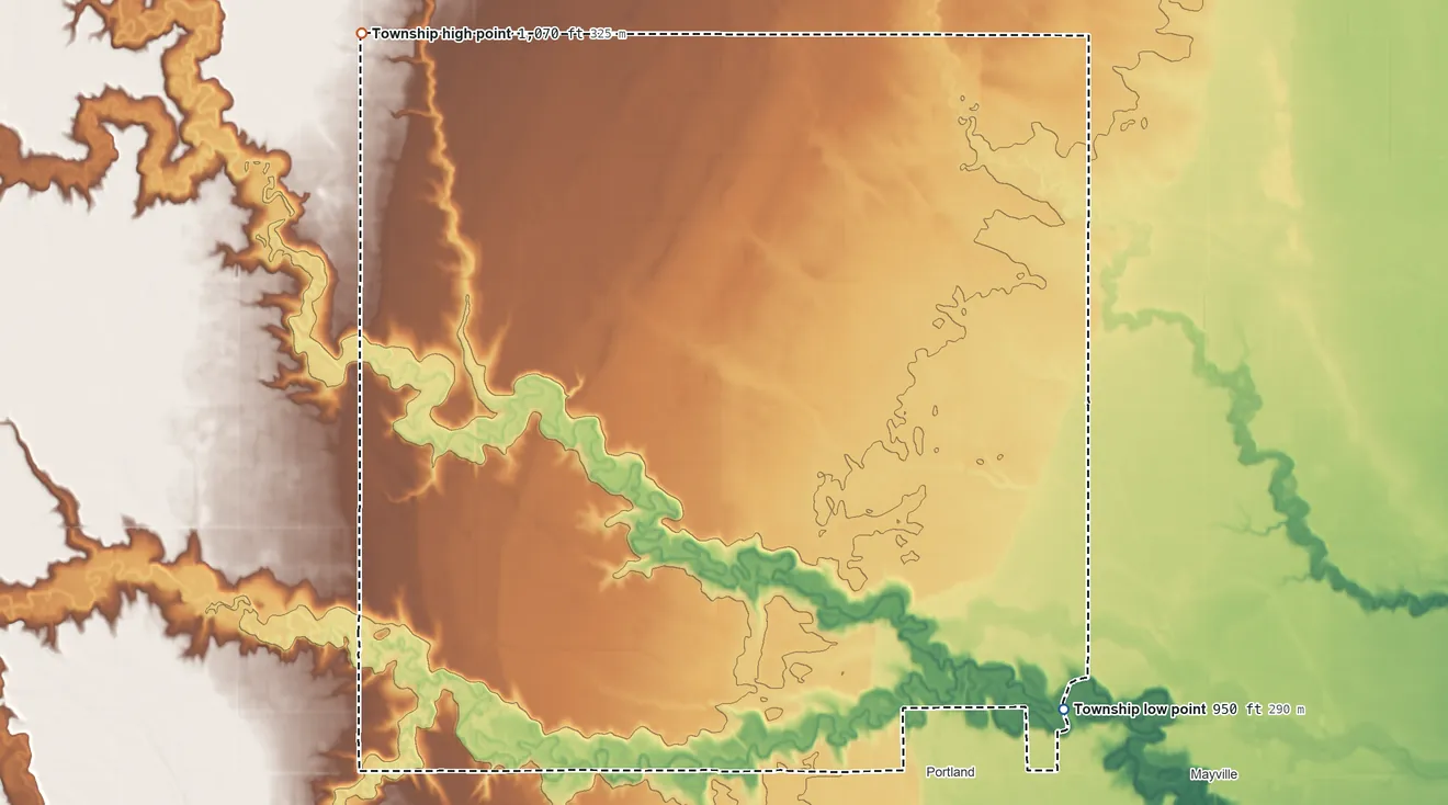 Topographic elevation map of Viking Township, North Dakota, shaded from 950 ft on the southeast side to 1,070 ft on the northwest side