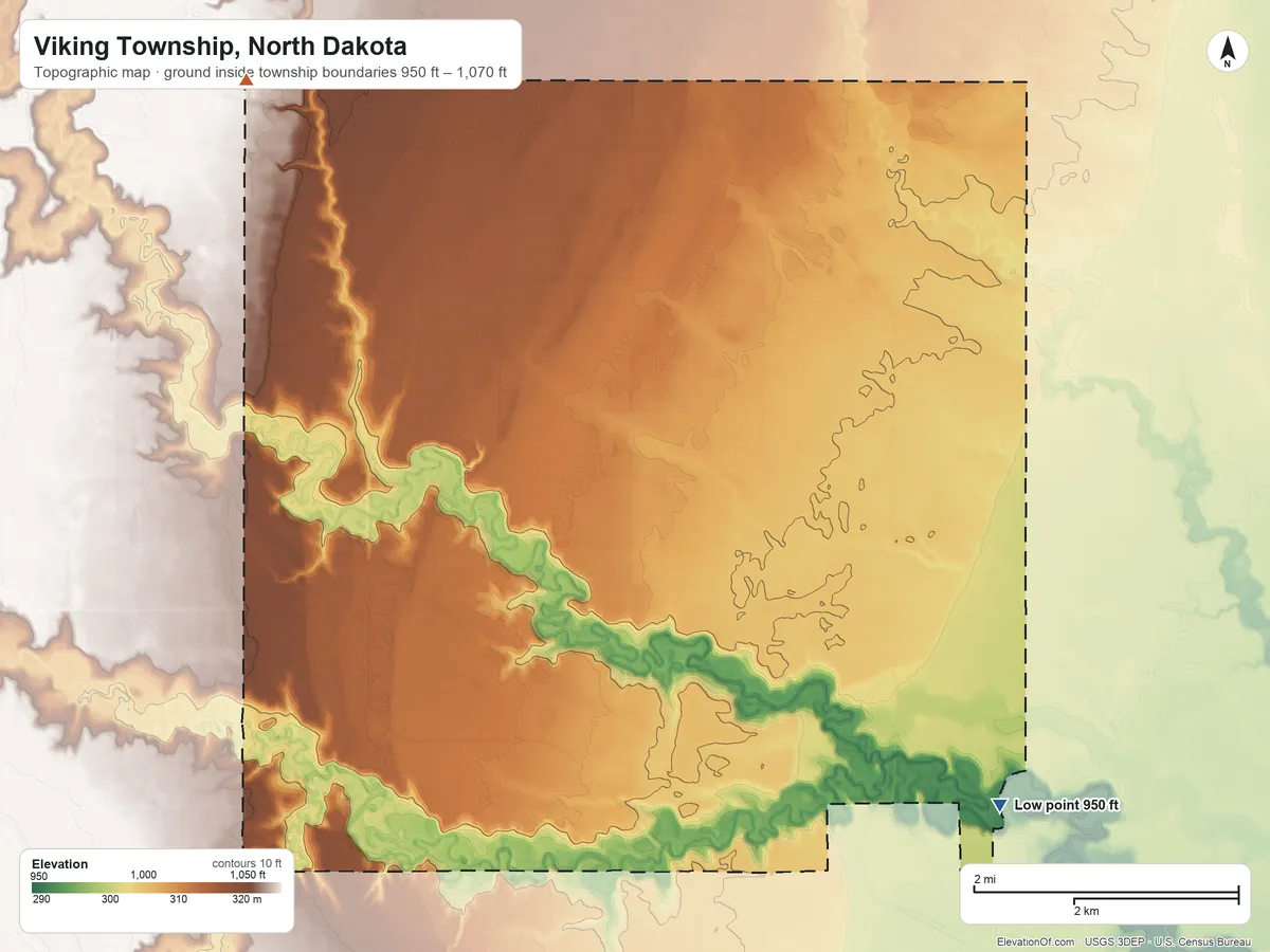 Topographic elevation map of Viking Township, North Dakota, shaded from 950 ft on the southeast side to 1,070 ft on the northwest side