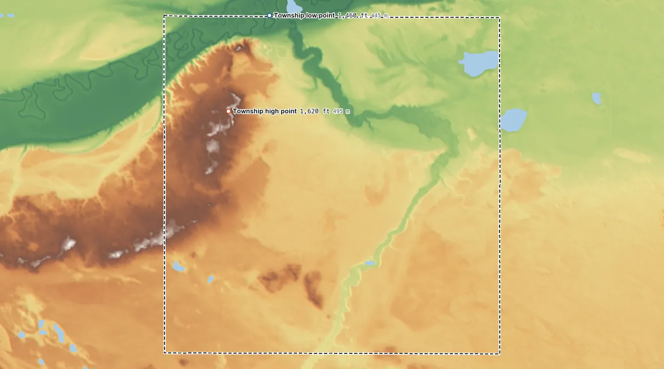 Topographic elevation map of Villard Township, North Dakota, shaded from 1,460 ft on the north side to 1,620 ft on the north side