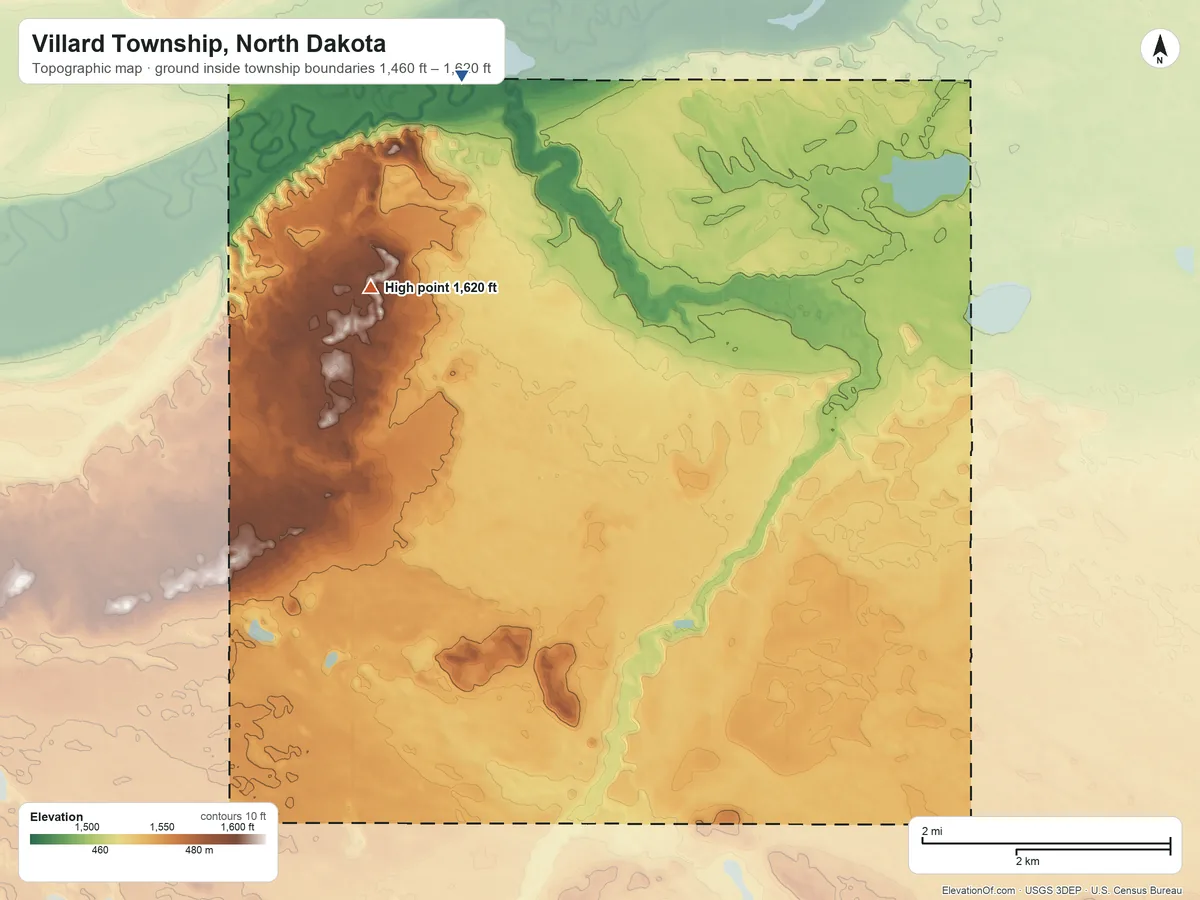 Topographic elevation map of Villard Township, North Dakota, shaded from 1,460 ft on the north side to 1,620 ft on the north side