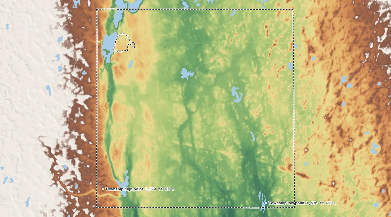 Topographic elevation map of Virginia Township, North Dakota, shaded from 1,530 ft on the southeast side to 1,570 ft on the south side