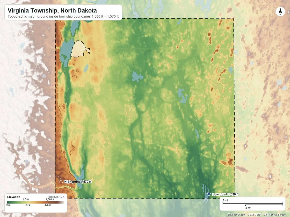 Topographic elevation map of Virginia Township, North Dakota, shaded from 1,530 ft on the southeast side to 1,570 ft on the south side