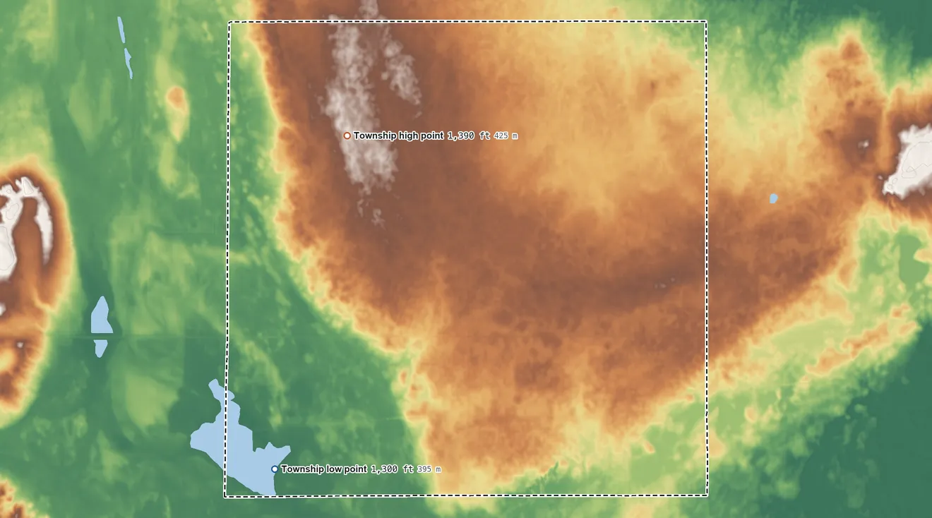 Topographic elevation map of Vivian Township, North Dakota, shaded from 1,300 ft on the southwest side to 1,390 ft on the northwest side