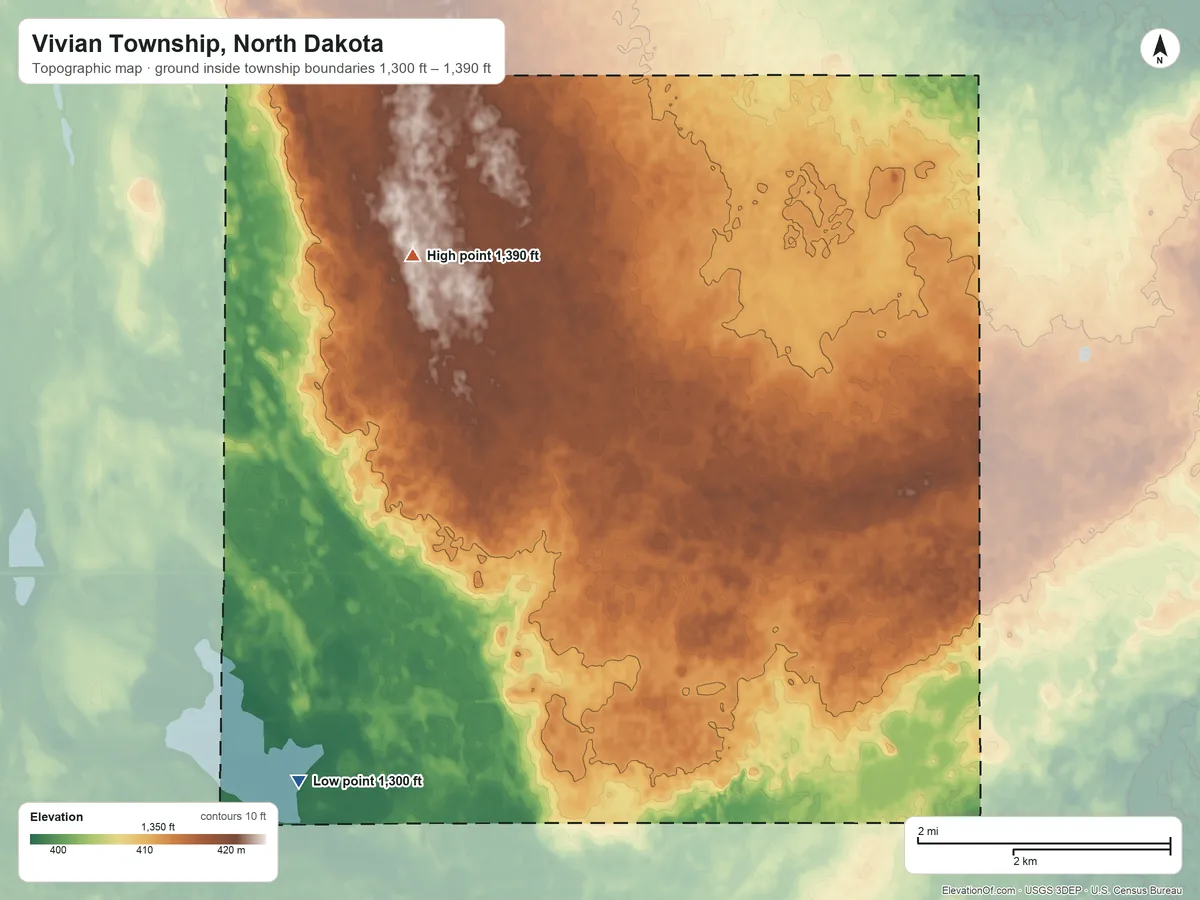 Topographic elevation map of Vivian Township, North Dakota, shaded from 1,300 ft on the southwest side to 1,390 ft on the northwest side