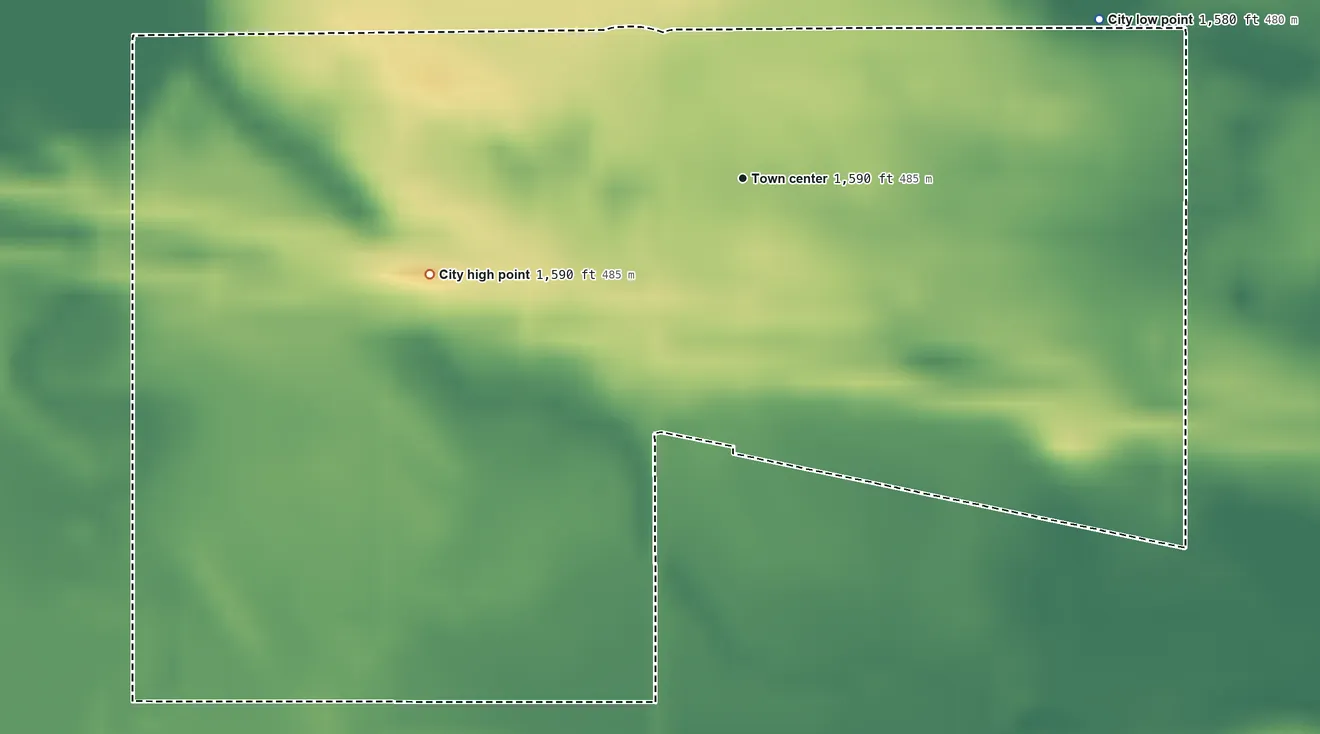 Topographic elevation map of Voltaire, North Dakota, shaded from 1,580 ft on the northeast side to 1,590 ft on the west side