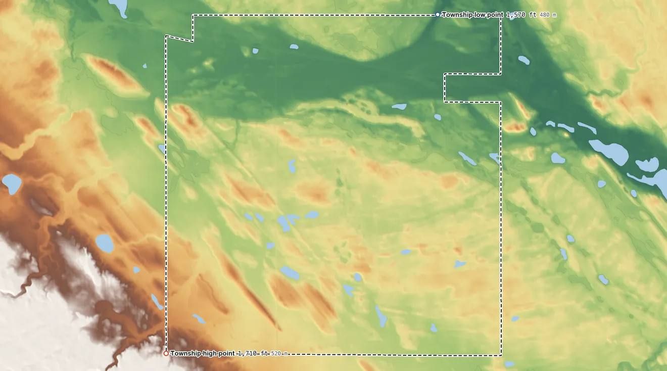 Topographic elevation map of Voltaire Township, North Dakota, shaded from 1,570 ft on the northeast side to 1,710 ft on the southwest side
