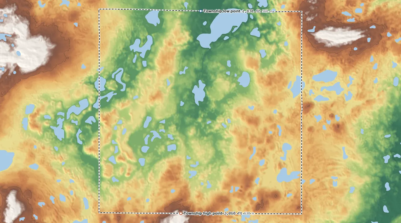 Topographic elevation map of Wadsworth Township, North Dakota, shaded from 1,830 ft on the north side to 2,060 ft on the south side