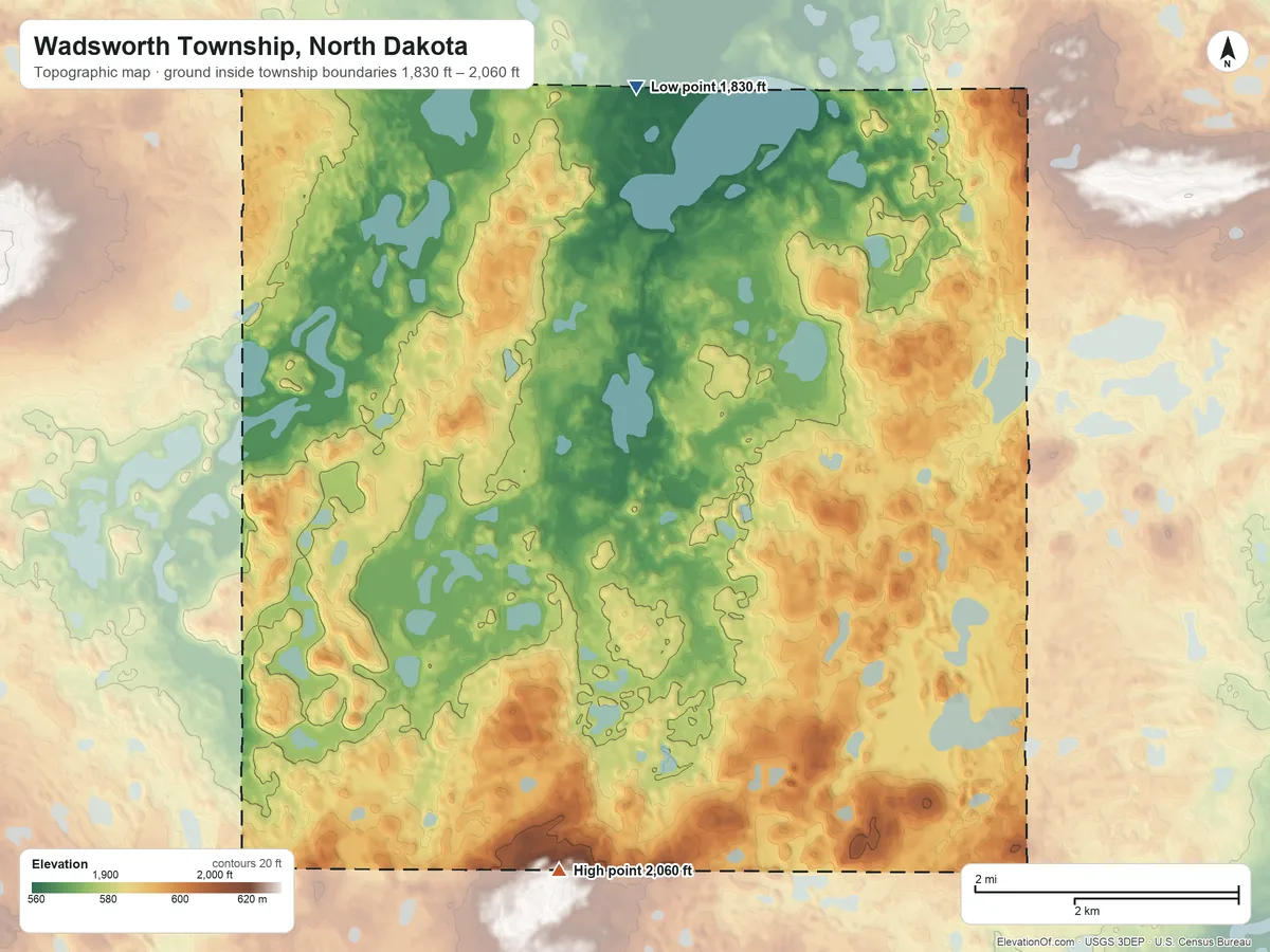 Topographic elevation map of Wadsworth Township, North Dakota, shaded from 1,830 ft on the north side to 2,060 ft on the south side