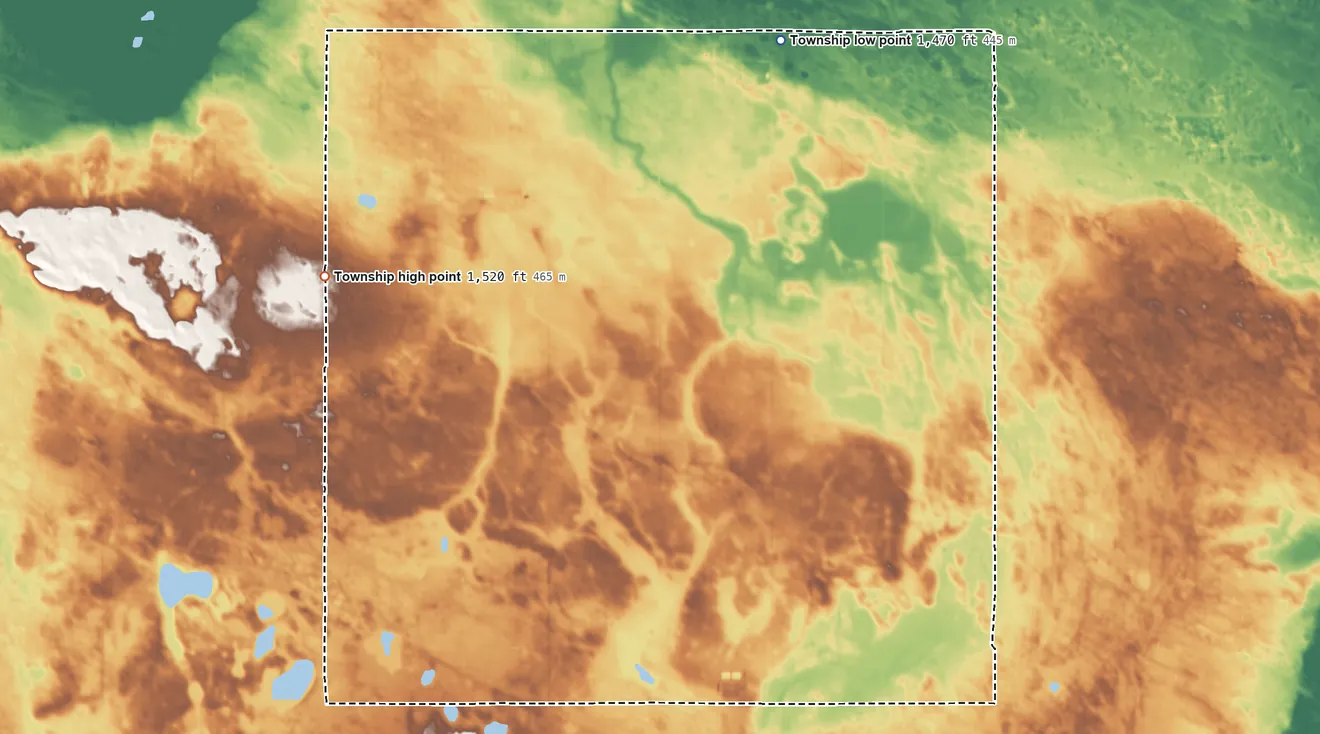 Topographic elevation map of Wagar Township, North Dakota, shaded from 1,470 ft on the north side to 1,520 ft on the west side