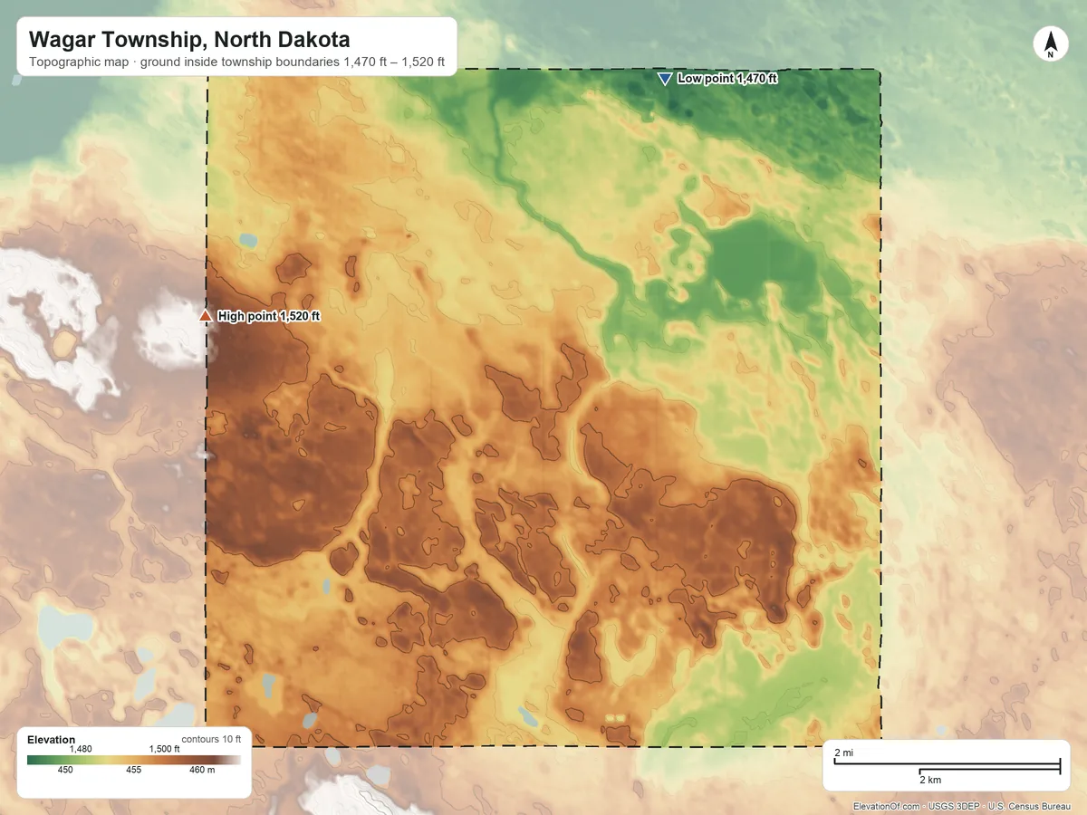 Topographic elevation map of Wagar Township, North Dakota, shaded from 1,470 ft on the north side to 1,520 ft on the west side