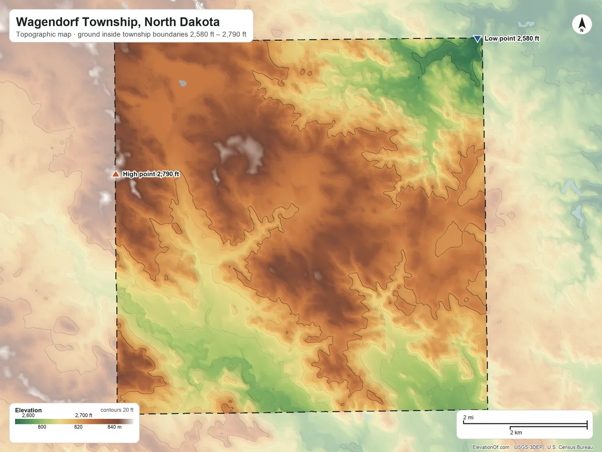 Topographic elevation map of Wagendorf Township, North Dakota, shaded from 2,580 ft on the northeast side to 2,790 ft on the west side