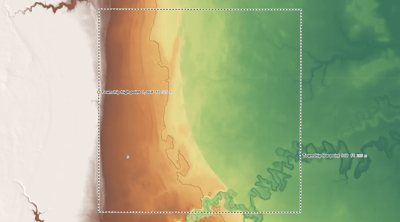 Topographic elevation map of Walburg Township, North Dakota, shaded from 940 ft on the southeast side to 1,060 ft on the west side
