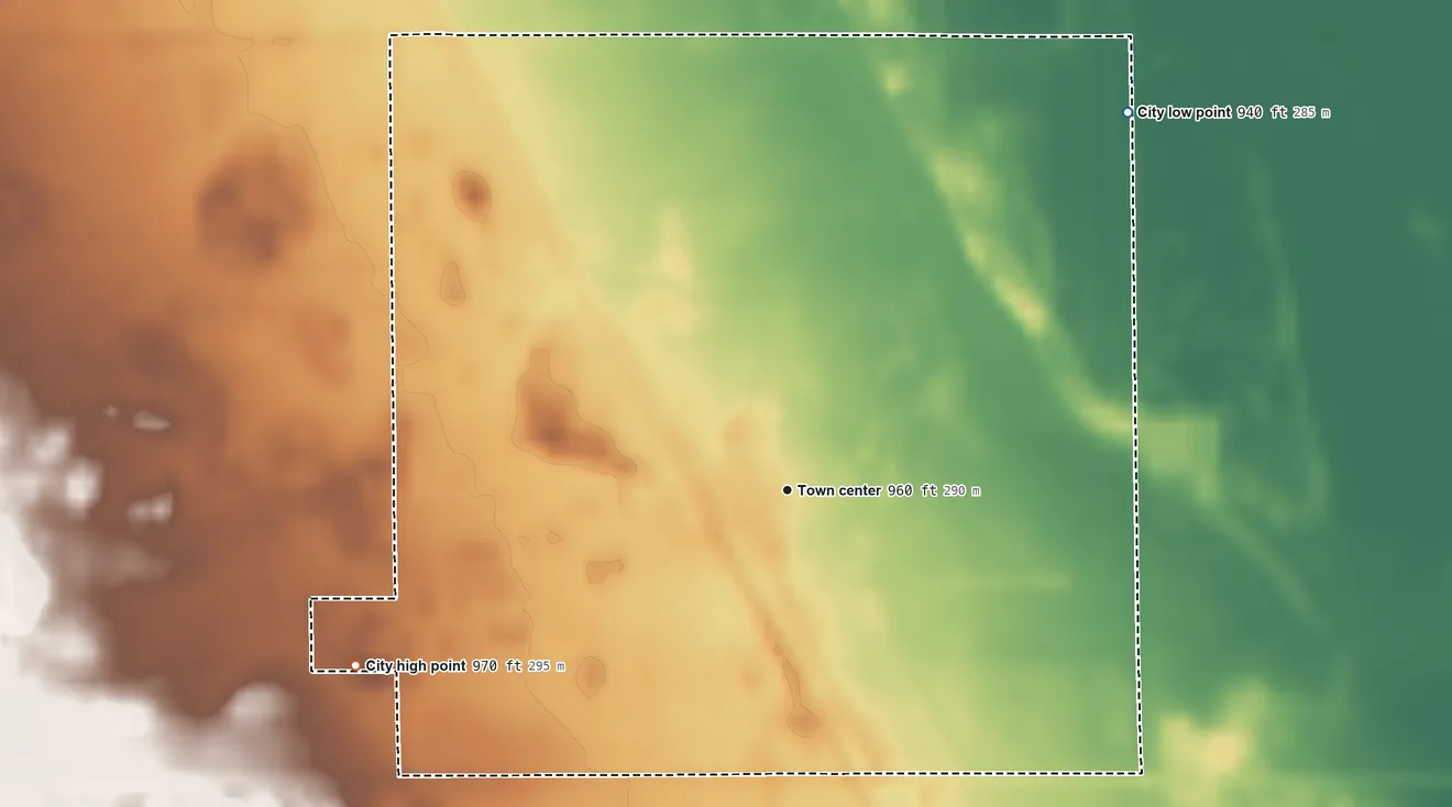 Topographic elevation map of Walcott, North Dakota, shaded from 940 ft on the northeast side to 970 ft on the west side