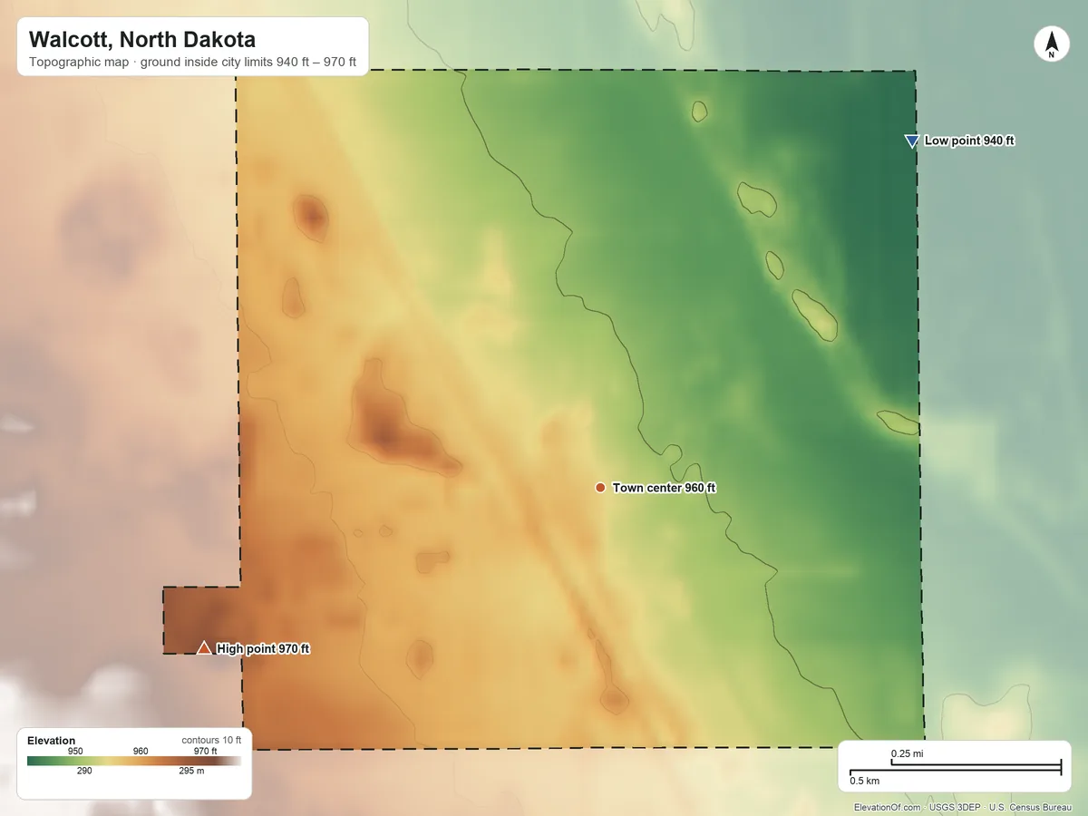 Topographic elevation map of Walcott, North Dakota, shaded from 940 ft on the northeast side to 970 ft on the west side