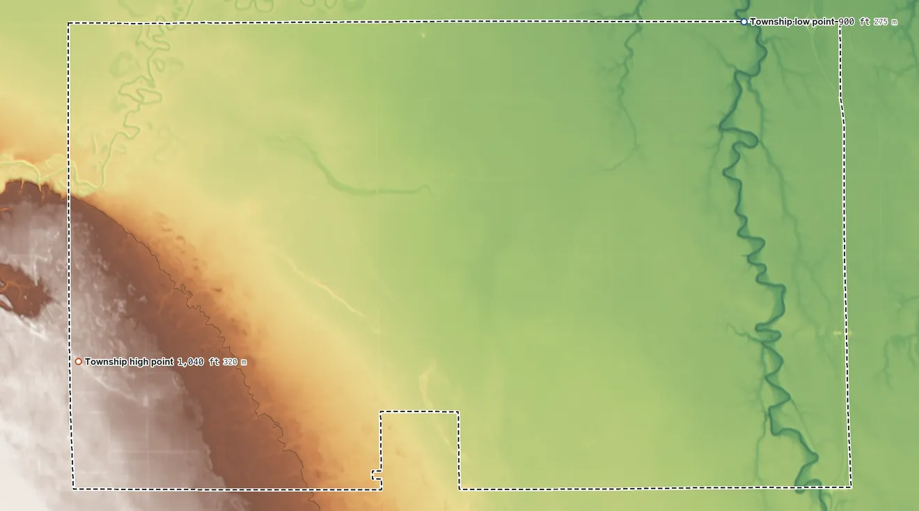 Topographic elevation map of Walcott Township, North Dakota, shaded from 900 ft on the northeast side to 1,040 ft on the west side