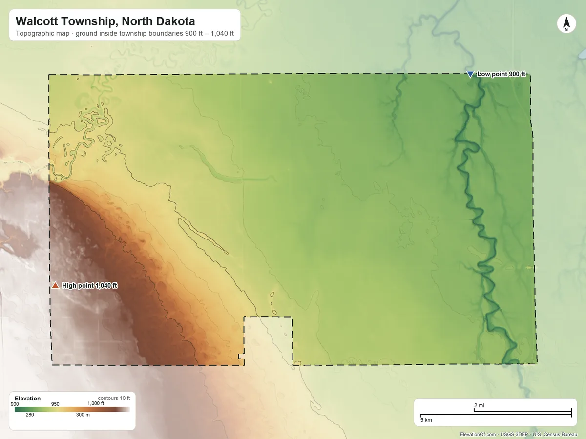 Topographic elevation map of Walcott Township, North Dakota, shaded from 900 ft on the northeast side to 1,040 ft on the west side