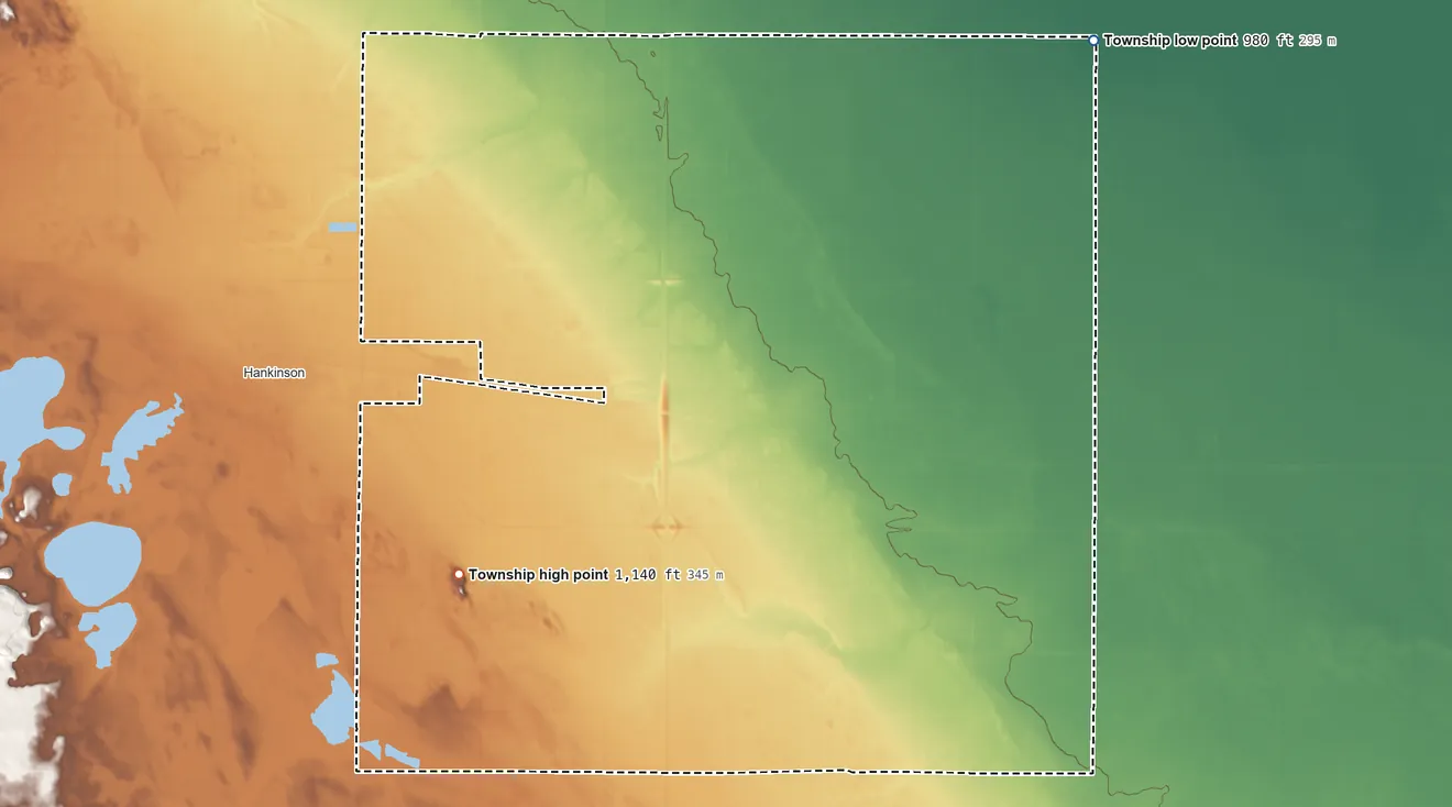 Topographic elevation map of Waldo Township, North Dakota, shaded from 980 ft on the northeast side to 1,140 ft on Devils Nest