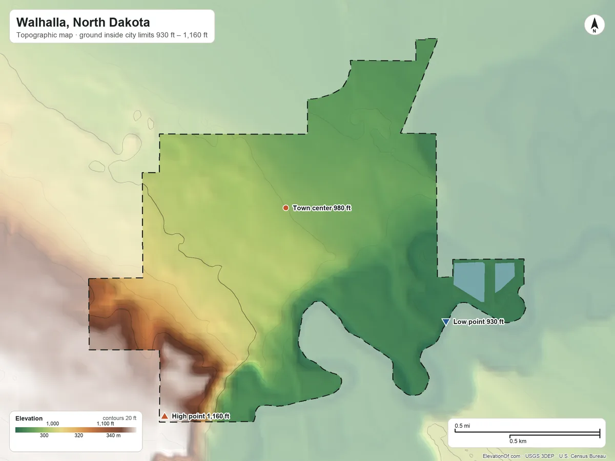 Topographic elevation map of Walhalla, North Dakota, shaded from 930 ft on the southeast side to 1,160 ft on the southwest side