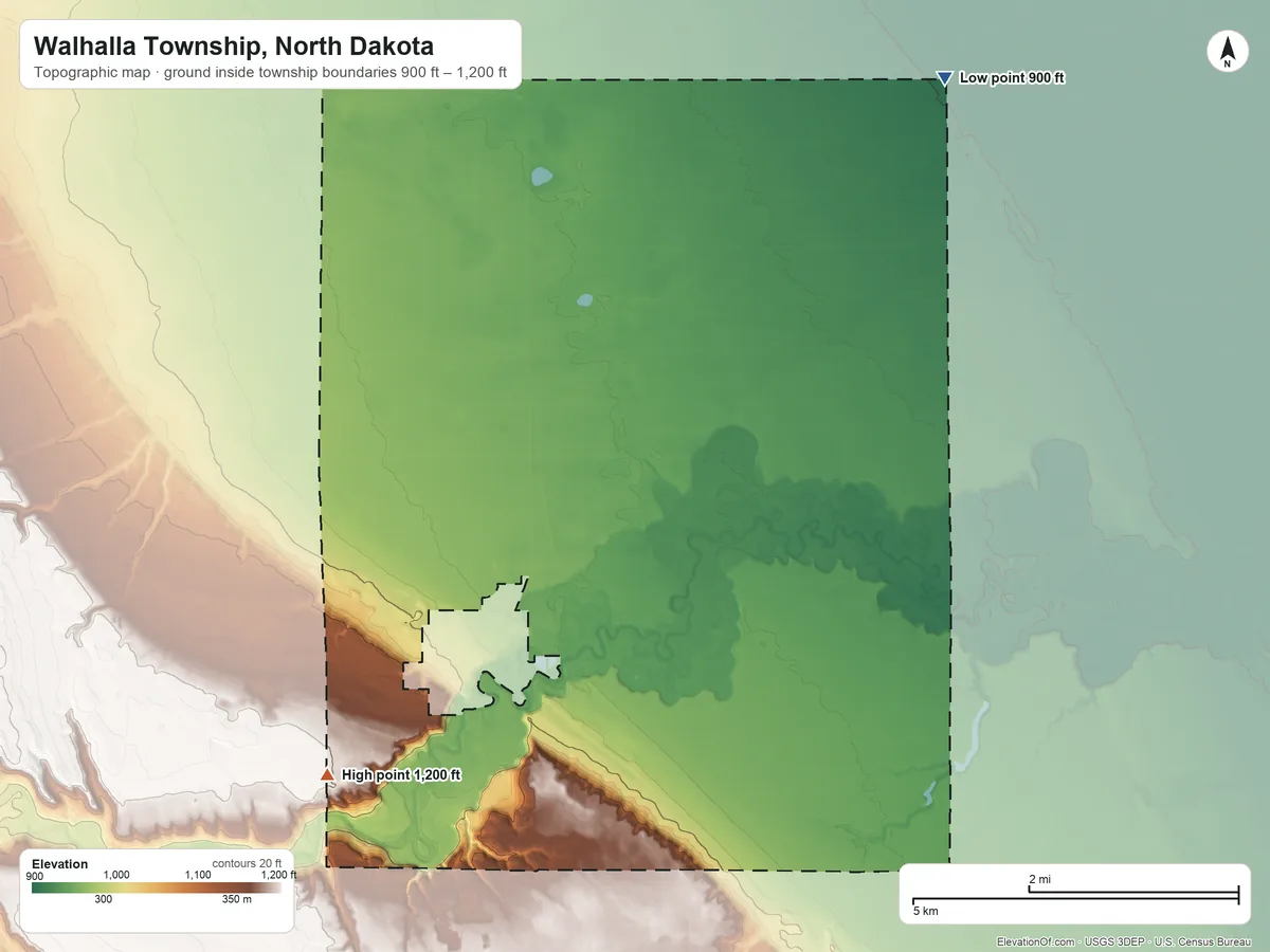Topographic elevation map of Walhalla Township, North Dakota, shaded from 900 ft on the northeast side to 1,200 ft on the southwest side