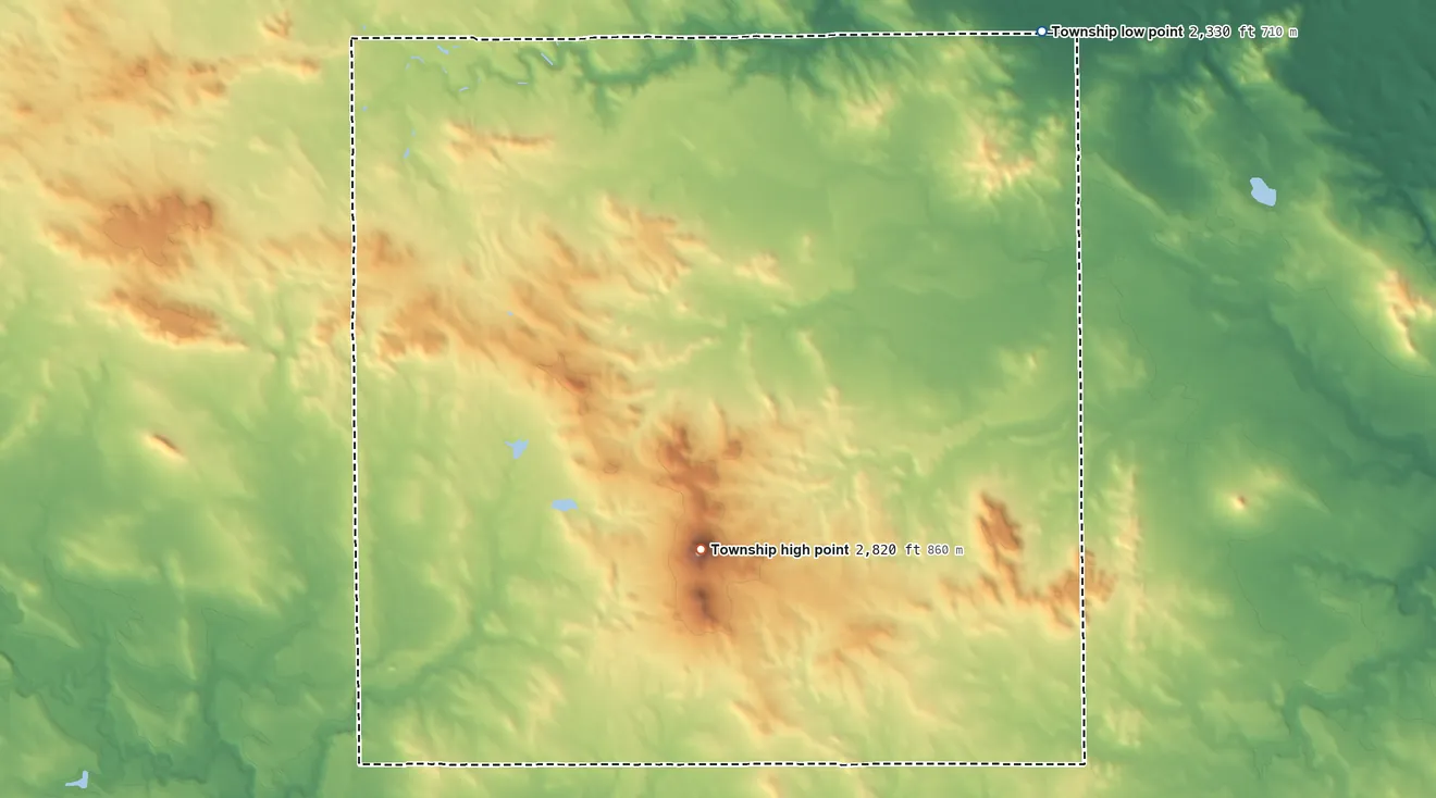 Topographic elevation map of Walker Township, North Dakota, shaded from 2,330 ft on the northeast side to 2,822 ft on North Star Butte