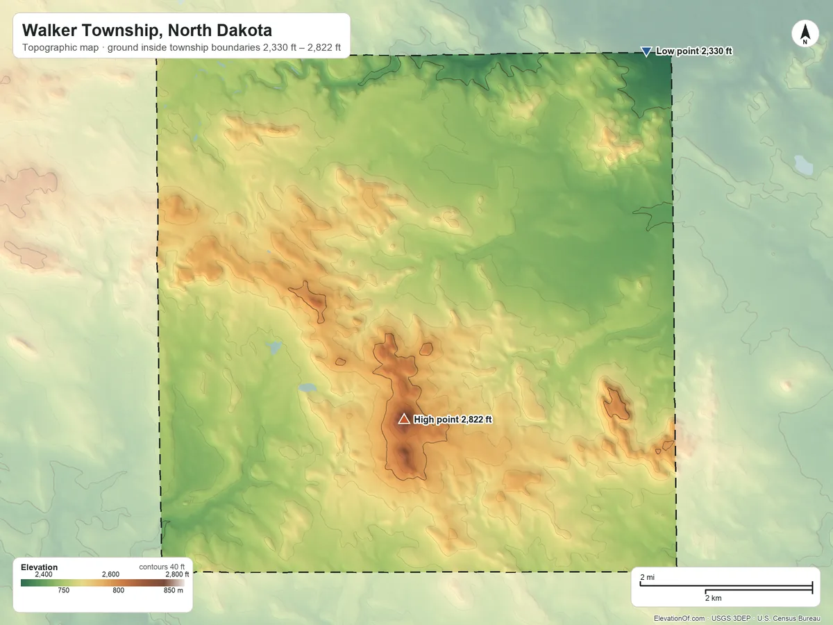 Topographic elevation map of Walker Township, North Dakota, shaded from 2,330 ft on the northeast side to 2,822 ft on North Star Butte